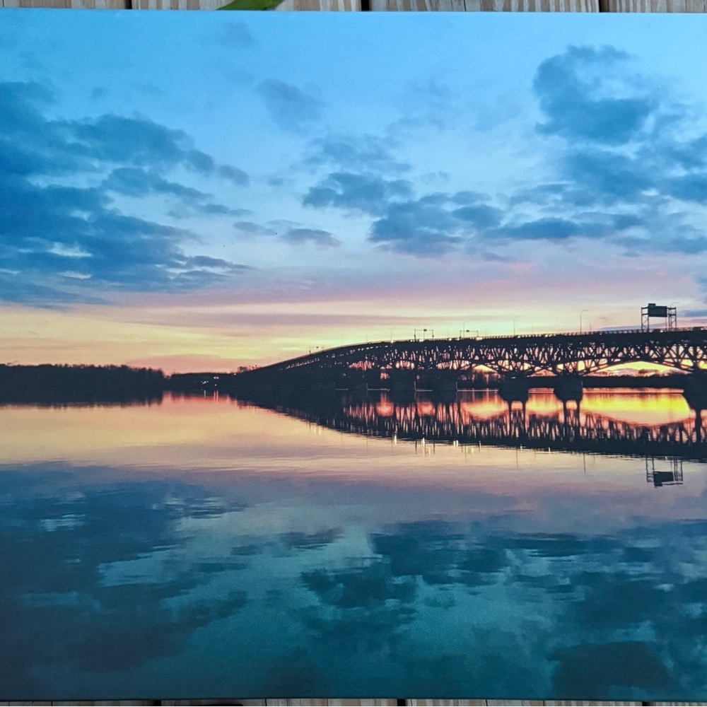 Sunset Bridge Canvas Wall Art - Blue & Pink Sky